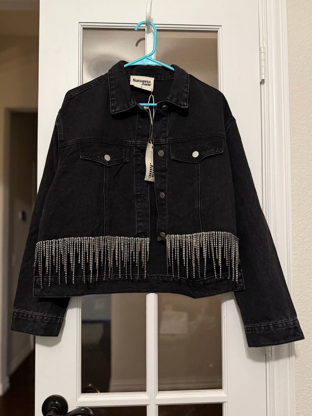 Savanna Jane rhinestone fringe crop front denim jacket black medium western NWT
